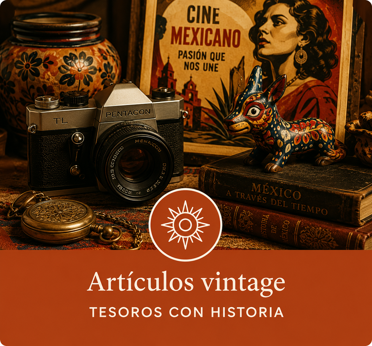 Cámara, cartel de cine mexicano y piezas vintage