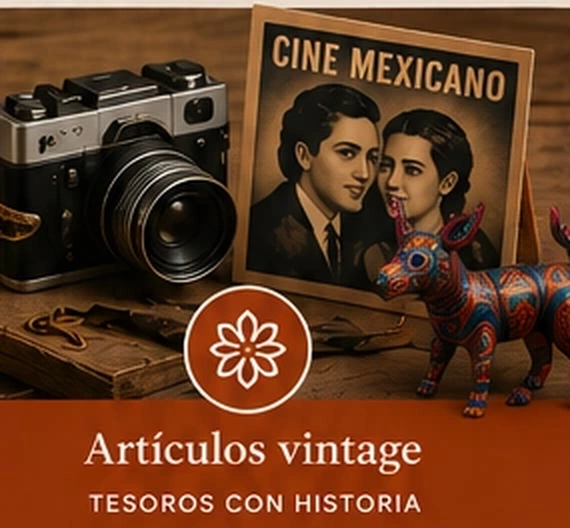 Cámara, cartel de cine mexicano y piezas vintage